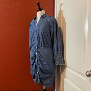 Veronica Beard Women’s Allie Chambray Rushed Skirt Pearl Snap Front Shirt Dress